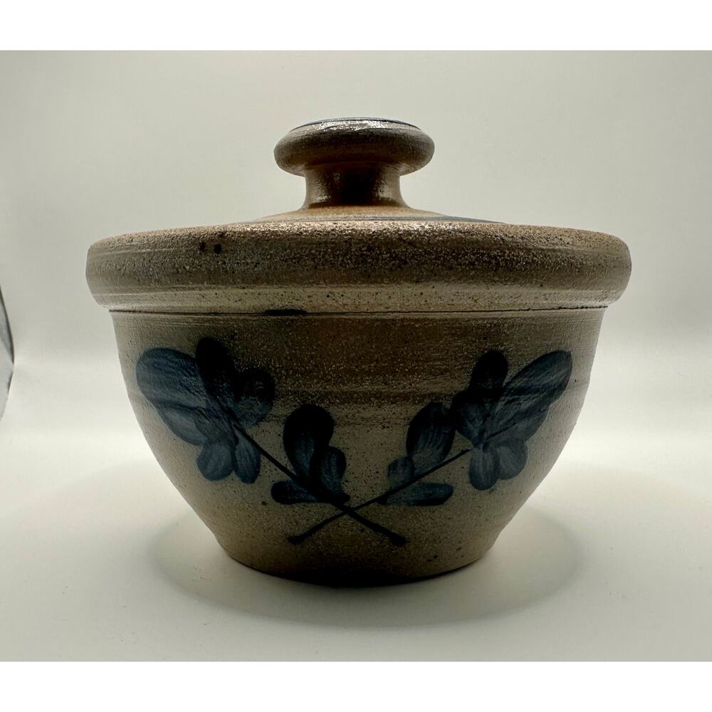 Vintage Rare Rowe Pottery Works Blue Floral Salt Glaze Med Size Crock w/ Lid - Picture 11 of 11